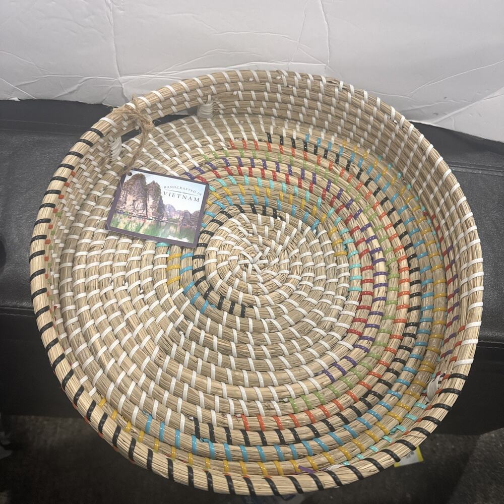 13” Handwoven Vietnamese Serving Basket Bowl Chip Snack Basket Colorful